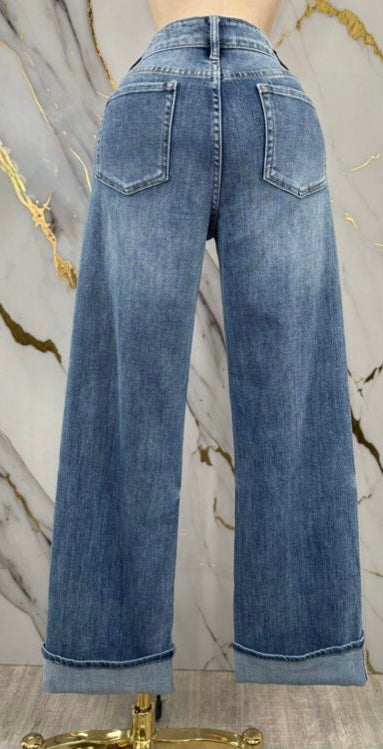 High Waisted Medium Wash Fold Jean
