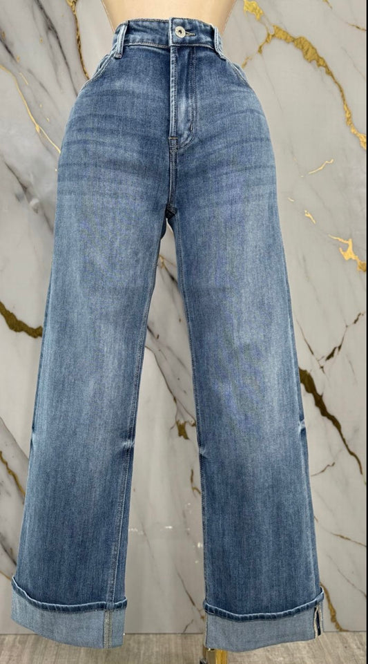 High Waisted Medium Wash Fold Jean