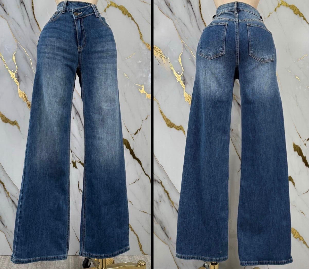 Aysemmetrical Button Jean - Medium Wash