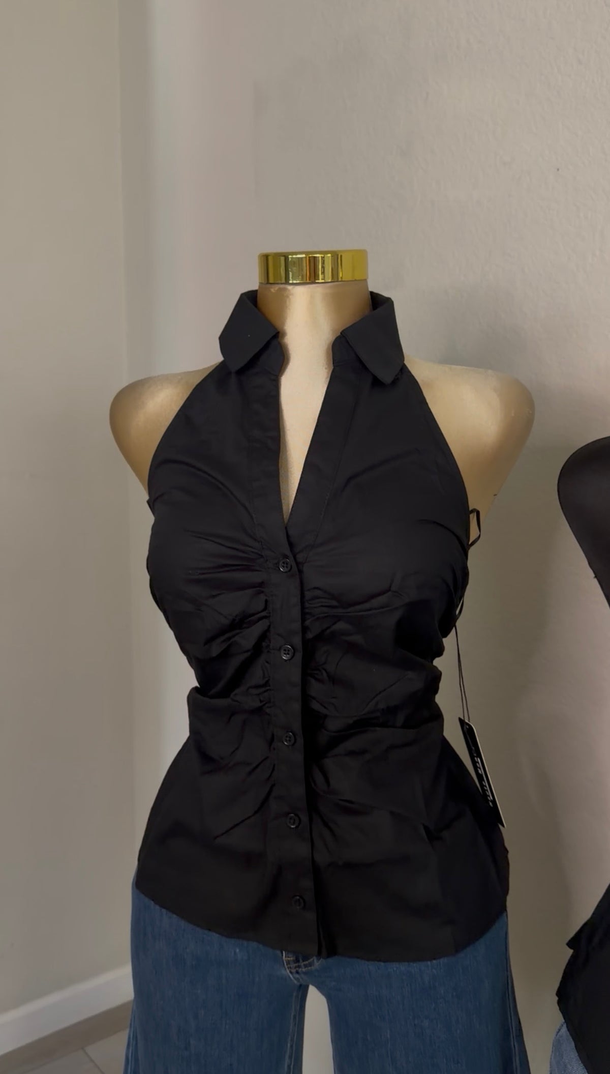 Black Halter Button Top