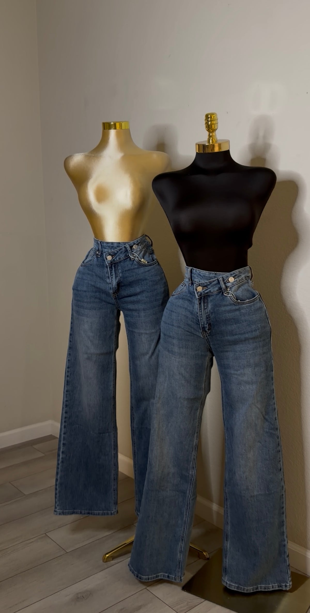 Aysemmetrical Button Jean - Medium Wash