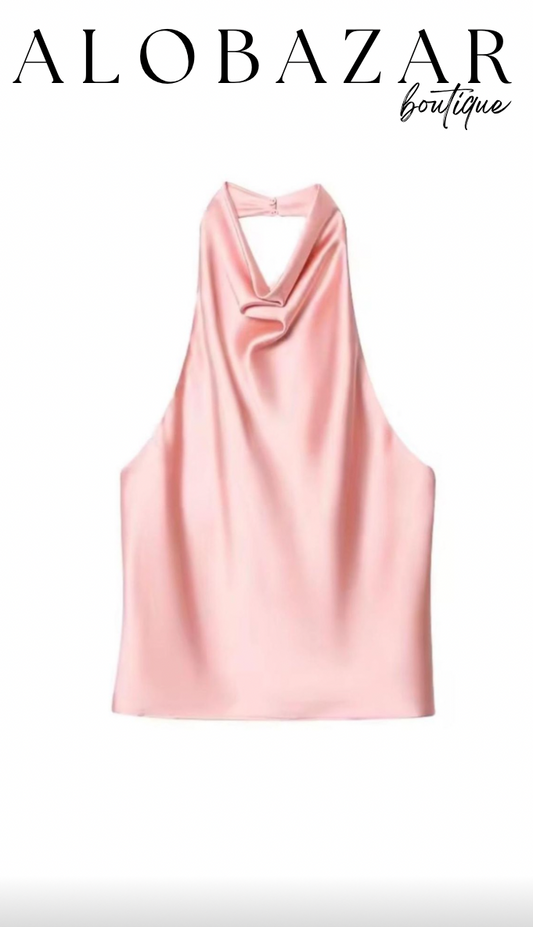 Silk Halter Top - Blush Pink